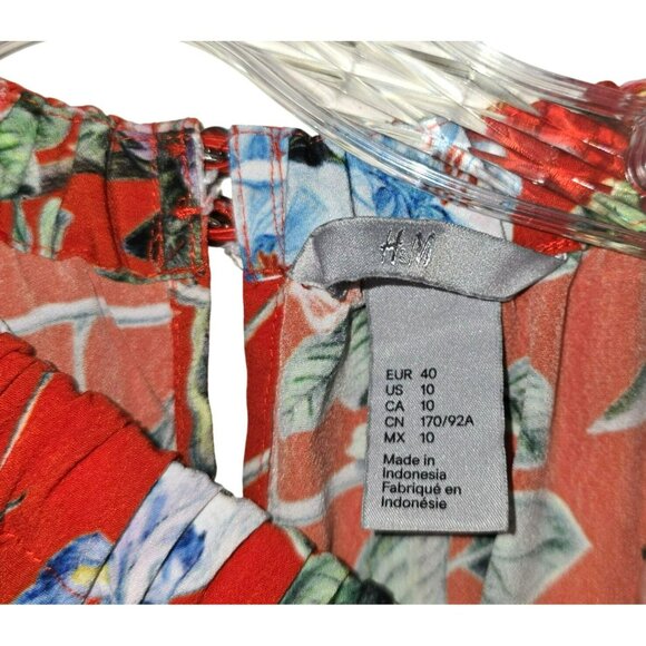 Floral Long-Sleeve Red Maxi Dress By H&M Size 10 Elastic Neckline JH1764 - Picture 6 of 10